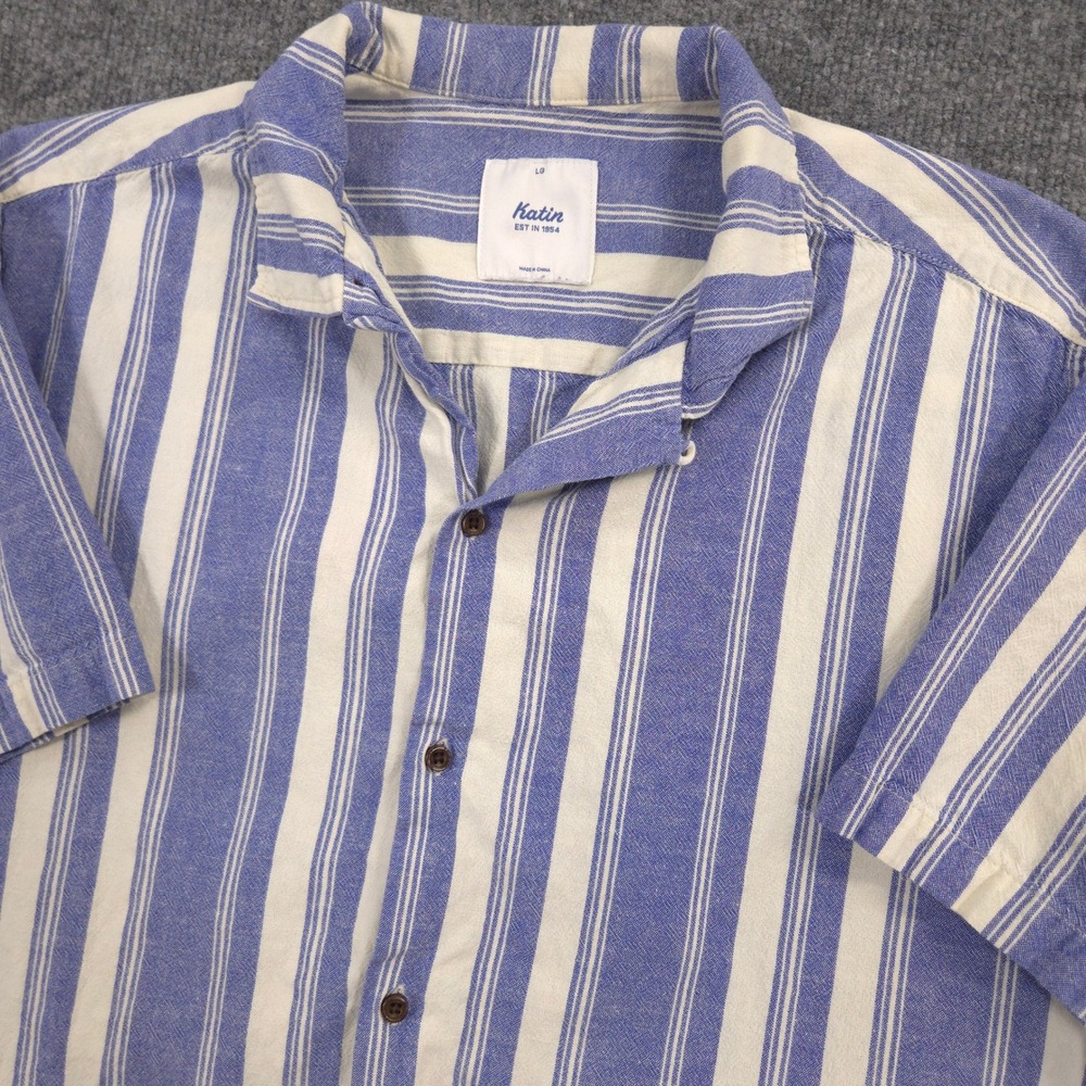 Katin Ian Shirt Mens L Blue Striped Linen Blend Camp Loop Collar Short Sleeve